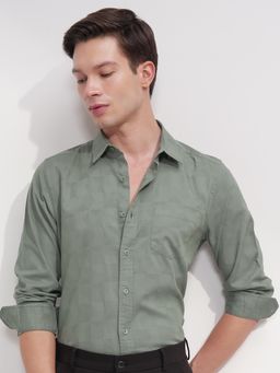 HIGHLANDER - Men Green Jacquard Textured Slim Fit Shirt