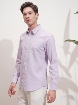 HIGHLANDER - Men Lavender Cotton Linen Solid Button Down Collar Casual Slim Fit Shirt
