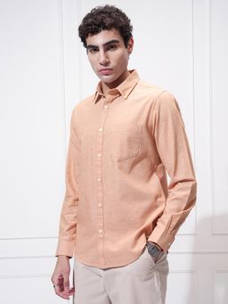 HIGHLANDER - Men Orange Cotton Linen Solid Button Down Collar Casual Slim Fit Shirt