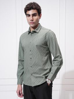 HIGHLANDER - Men Green Jacquard Textured Solid Occasion Slim Fit Shirt