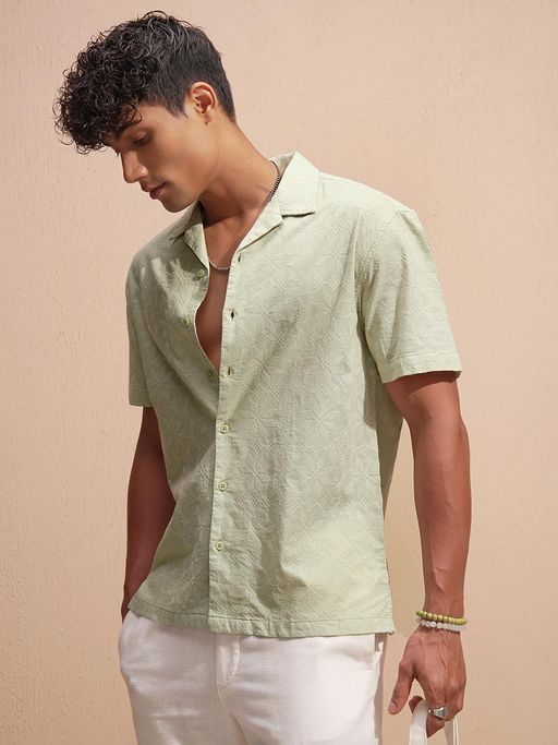 HIGHLANDER Men Green Embroidered Cuban Collar Relaxed Fit Shirt