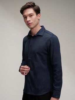 HIGHLANDER - Men Navy Blue Jacquard Slim Fit Shirt