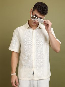 HIGHLANDER - Men Cream Crochet Oversized Half Sleeve Shirt