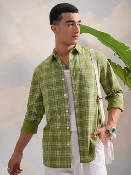 HIGHLANDER - Men Dusty Green and White Slim Fit Full Sleeve Shirt