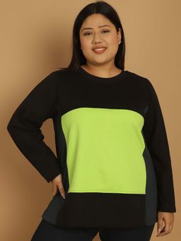 theRebelinme - Plus Size Black Colourblocked Round Neck Pullover