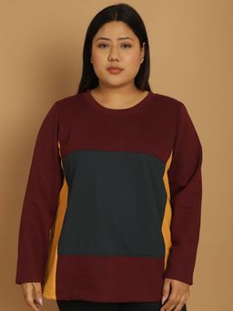 theRebelinme - Plus Size Maroon Colourblocked Round Neck Pullover