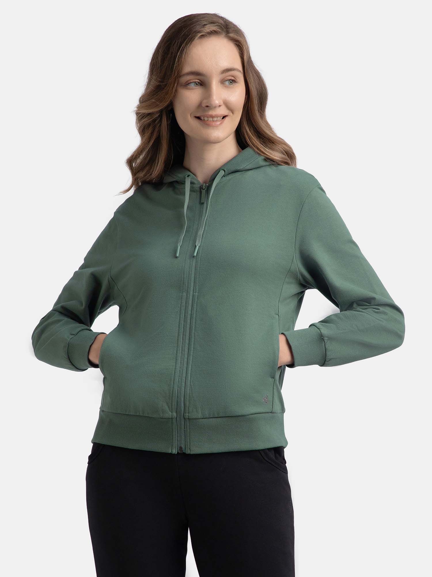 jockey Aw30 Women Super Combed Cotton French Terry Hoodie Jacket - Balsam Green-picture-32