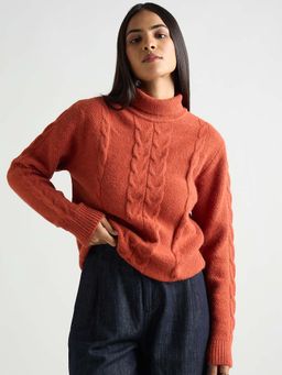 Femmella - Rust Turtle Neck Cable Knit Sweater