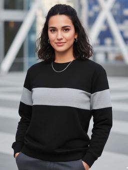 LEOTUDE - Women Color Block Black Grey Loose Fit Sweatshirt