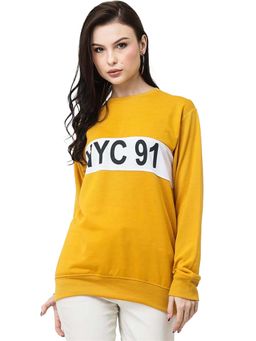 LEOTUDE - Women Graphic Print Mustard Loose Fit Sweatshirt