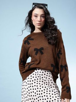 KASMA - Women Acrylic Round Neck Printed Long Sleeves Sweater Brown