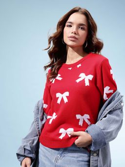 KASMA - Women Acrylic Round Neck Printed Long Sleeves Sweater Red