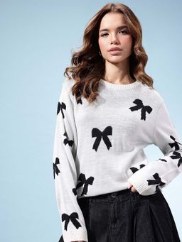 KASMA - Women Acrylic Round Neck Printed Long Sleeves Sweater White