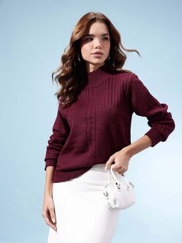 KASMA - Women Acrylic Long Sleeves Sweater Burgundy