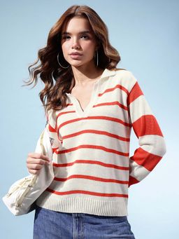 KASMA - Women Acrylic Shirt Coller Striped Long Sleeves Sweater