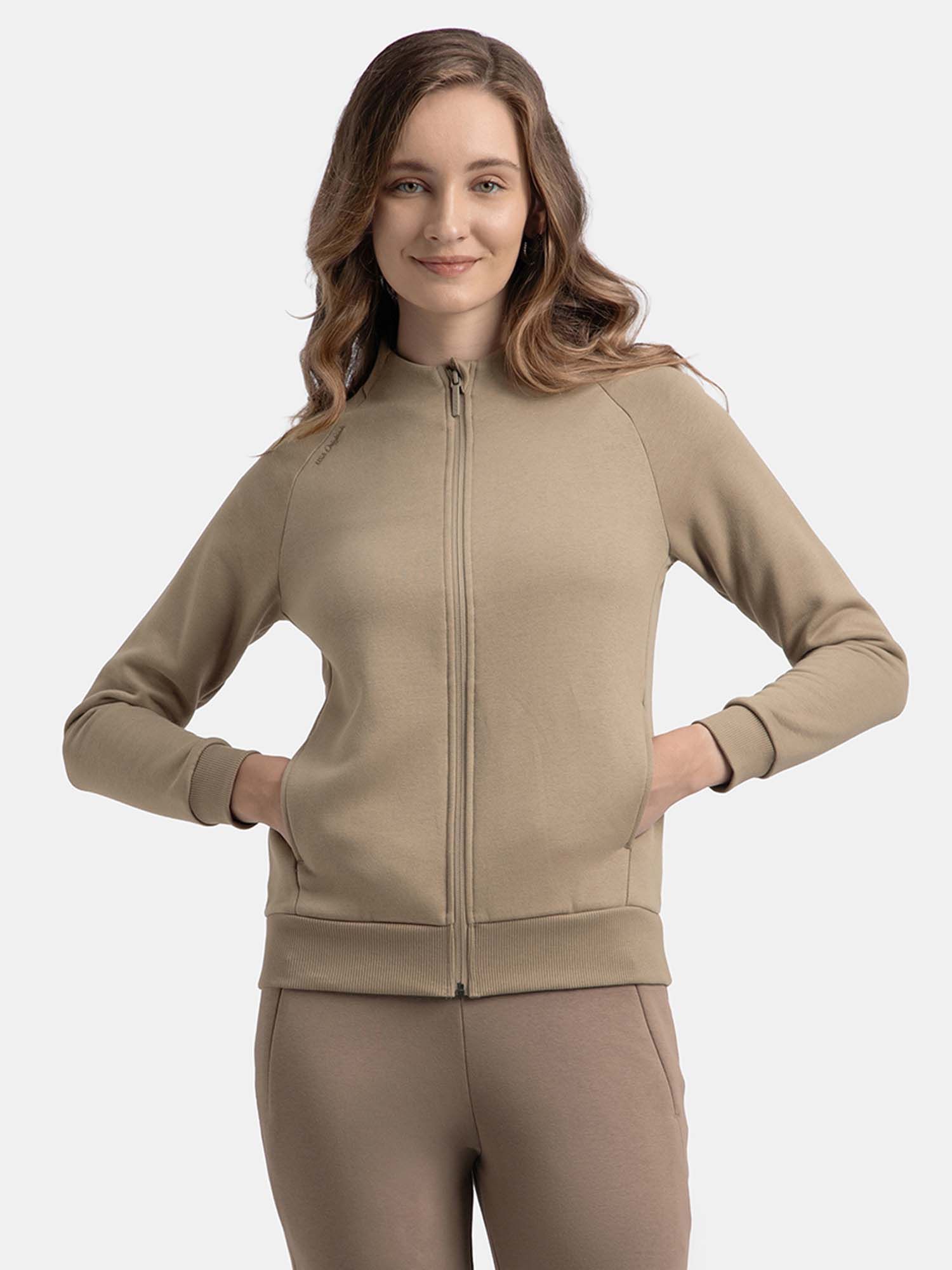 jockey U108 Women Cotton Rich Fleece Fabric Full Zip High Neck Jacket - Desert Taupe-picture-24