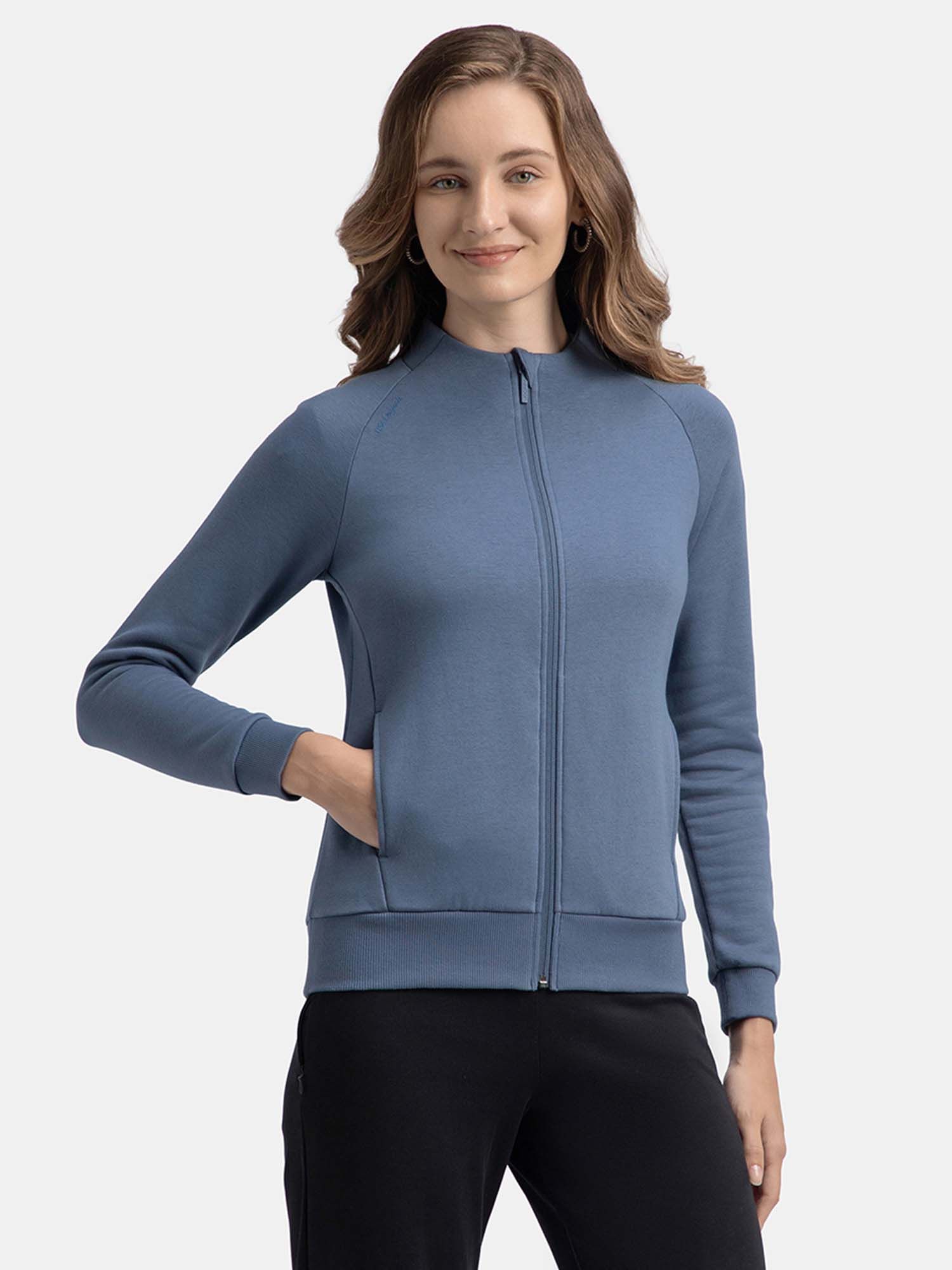 jockey U108 Women Cotton Rich Fleece Fabric Full Zip High Neck Jacket-Vintage Indigo-picture-43