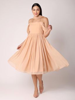 BLANC9 - Nude Peach Dress With Drape Over Neck