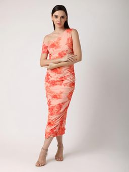 BLANC9 - Orange Floral One-Shoulder Fitted Dress