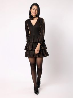 BLANC9 - Brownish Gold Double Toned Layerd Dress With Flower Brooch