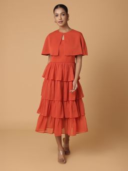 BLANC9 - Burnt Orange Tiered Dress With Cape