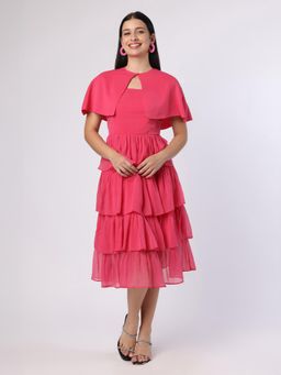 BLANC9 - Fuchsia Pink Tiered Dress With Cape
