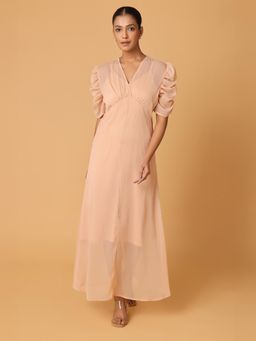 BLANC9 - Nude Peach Puffed Cowl Sleeves Dress