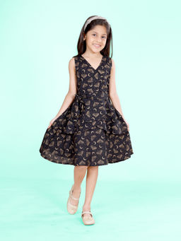 KiddoPanti - Girls Sleeveless Half Moon Printed Bottom Layered Black Knee Length Dress