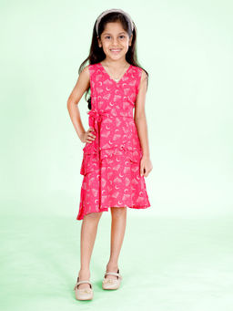 KiddoPanti - Girls Sleeveless Half Moon Printed Bottom Layered Red Knee Length Dress
