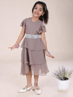KiddoPanti - Girls Georgette Half Frill Sleeves Layered Brown Midi Dress