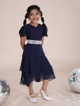 KiddoPanti - Girls Georgette Half Frill Sleeves Layered Navy Blue Midi Dress