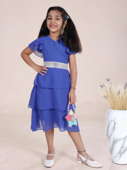 KiddoPanti - Girls Georgette Half Frill Sleeves Layered Blue Midi Dress