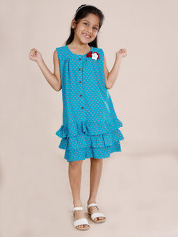 KiddoPanti - Girls Sleeveless All Over Printed Bottom Layered Blue Knee Length Dress