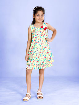 KiddoPanti - Girls Sleeveless All Over Printed Bottom Layered Multi Color Knee Length Dress