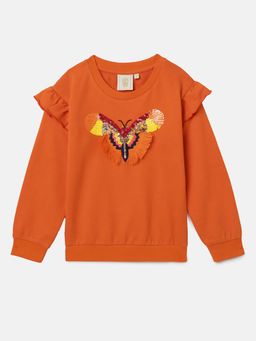 BYB Premium - Orange Cotton Sweatshirt with Sequined Butterfly Full Sleeve