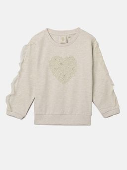 BYB Premium - Cream Cotton Sweatshirt with Pearl Heart Stone Full Sleeve