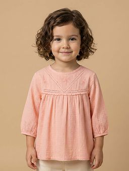 BYB Premium - Girls Peach Textured Cotton Top with Button Closure