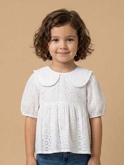 BYB Premium - Girls White Schiffli Cotton Top with Round Collar