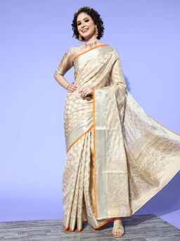 Odette - Silk Blend Cream Woven Designer Saree with Unstitched Blouse