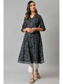 Aurelia - Grey Floral Printed Ethnic Liva Kurta