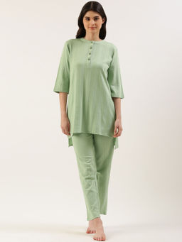 Clt.s - Women Green Striped Kurti & Pant (Set of 2)