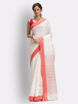 Angoshobha - White Handloom Cotton Saree with Unstitched Blouse