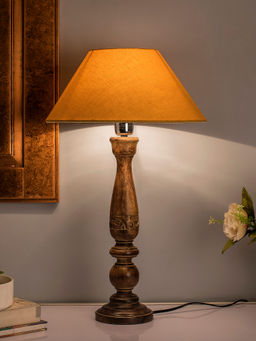 Homesake - Carved Black Wood Table Lamp Beige Shade