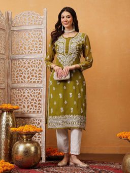 ADA - Hand Embroidered Olive Green Georgette Lucknow Chikan Kurta