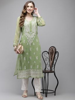 ADA - Hand Embroidered Green Georgette Lucknow Chikan Kurta