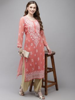 ADA - Hand Embroidered Peach Georgette Lucknow Chikan Kurta