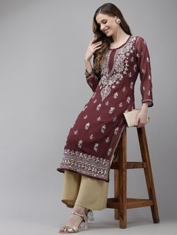ADA - Hand Embroidered Wine Georgette Lucknow Chikan Kurta