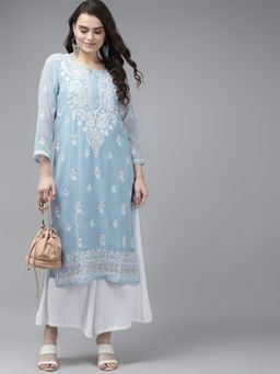 ADA - Hand Embroidered Blue Georgette Lucknow Chikan Kurta