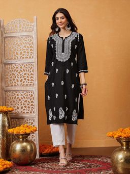 ADA - Black Ethnic Embroidered Lucknowi Chikankari Cotton Kurta