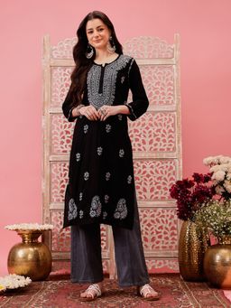 ADA - Black Ethnic Embroidered Lucknowi Chikankari Cotton Kurta
